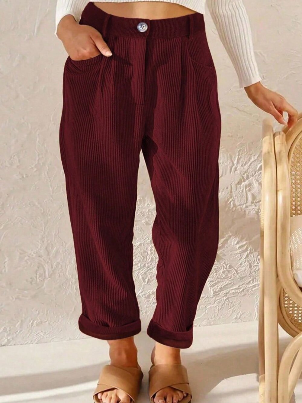 Burgundy Casual Women's Regular Plus Size Corduroy Straight Leg Pants